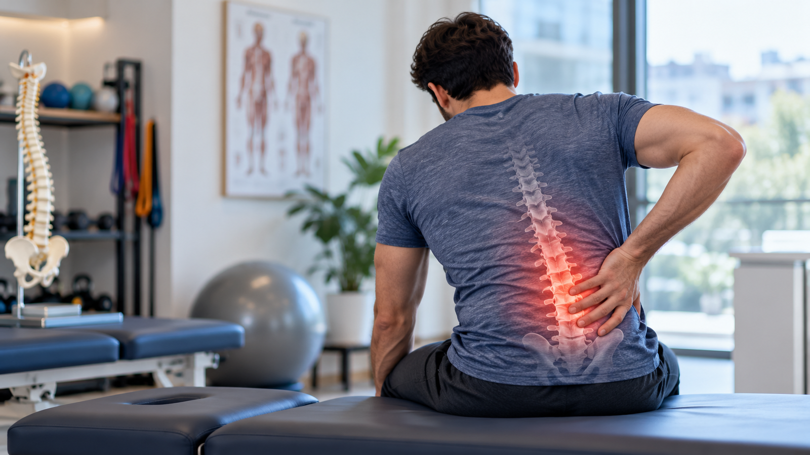 Kronik bel ağrısı tedavisi ve postür bozukluğu rehabilitasyonunu gösteren fizyoterapi görseli